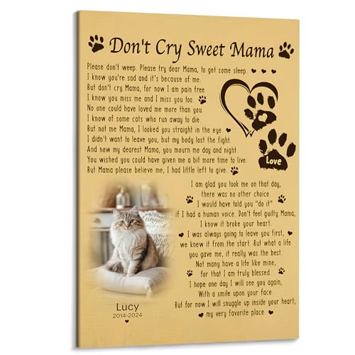 KiKiLuna Personalized Pet Memorial Canvas, Don't Cry Sweet Mama Poem Wall Art, Custom Photo Name Dates, Framed Poster Gift for Dog Mom Cat Mom Loss - color: Design 1
