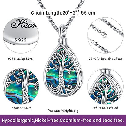 Eusense Cremation Jewelry for Ashes Urn Necklace to Put Ashes In 925 Sterling Silver Memorial Pendant Tree of Life Infinity Urn Necklaces for Ashes Necklace for Women Men - style: A-Tree of Life Urn Necklace-Abalone Shell