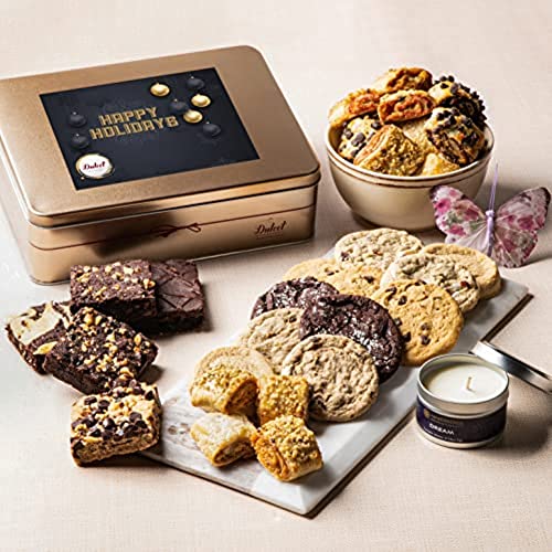 Dulcet Gift Baskets Happy Holiday Aroma Therapy Candle Gift Box ‘Classic Tin Treats Within’ Featuring a Variety of Brownies and Cookies What a Gift Idea for Him and Her with Fast Delivery - color: Holiday