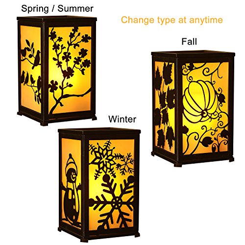 Decorative Led Candle Lantern with Timer Rustic Candle Lantern with Twelve Magnetic Seasonal Themed Panels ,5 x 5 x 8.5" Black