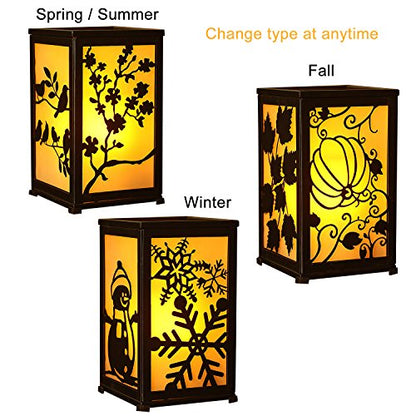 Decorative Led Candle Lantern with Timer Rustic Candle Lantern with Twelve Magnetic Seasonal Themed Panels ,5 x 5 x 8.5" Black