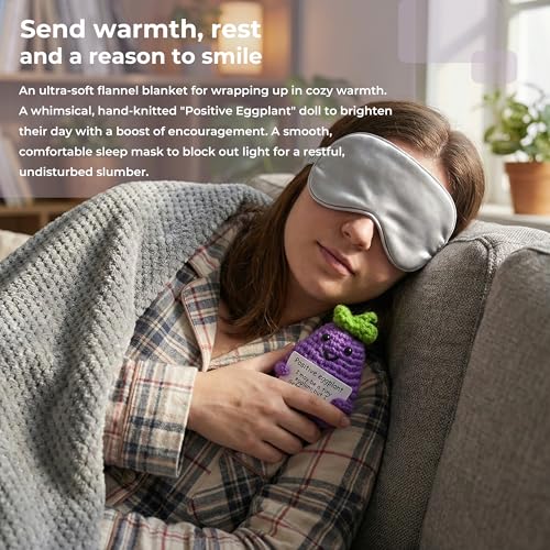 Birthday Gifts for Women, Self Care Hug in a Box Lavender Spa Gift Basket, Thinking of You Inspirational Gift for Wife Mom Sister New Mom or Friend with Flannel Blanket Knitted Positive Eggplant
