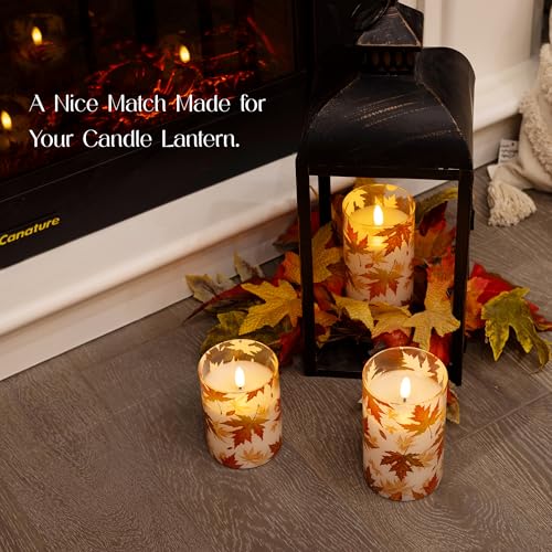 Fall Flameless Candles with Remote, Autumn Maple Leaf Battery Candles | Set of 3 LED Glass Candles with Timer Battery Powered Pillar Candles Thanksgiving Decor Electric Fake Candles Mantel - color: Maple-Glass