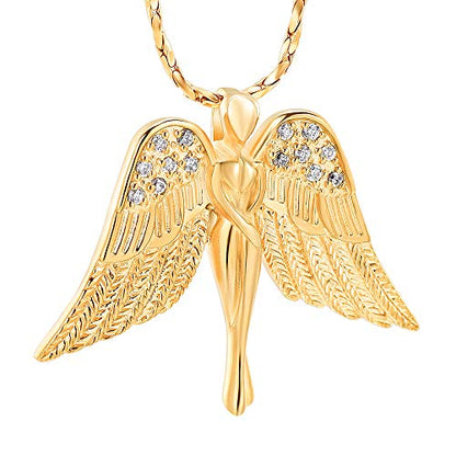 Imrsanl Cremation Jewelry Keepsake Angel Wings Urn Necklace for Ashes | Memorial Pendant for Women, Funeral Keepsake of Loved Ones, Stainless Steel Inlaid with Crystal - color: Gold