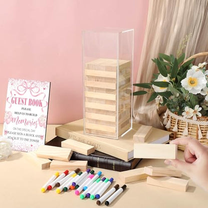 Beeveer 80 Pcs Wedding Guest Book Alternative Wooden Block Guest Book for Wedding Sign in Bridal Shower Decoration 54 Pcs Wooden Block Bridal Shower Game for Sign in, Reception(Pink Bow) - style: Pink Bow