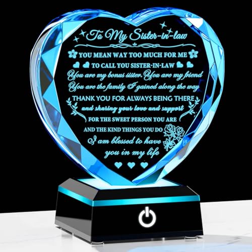 Arikyrist Meaningful Sister in Law Gifts with Colorful LED Base Wedding Birthday Gifts for Sister in Law Heart Crystal Keepsake Gift Ideas for Mother's Day Christmas Thanksgiving - style: Sister in Law Gifts + Light Base
