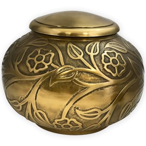 Florence Antiqued Brass Adult Cremation Urn | Unique Funeral Urn with Raised Floral Pattern | Large - size: Adult