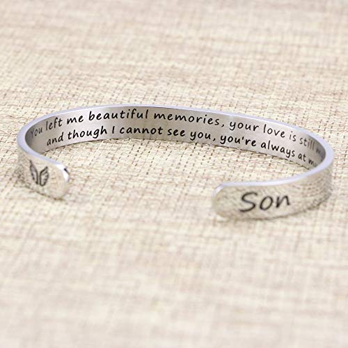 Memorial Gifts for Loss of Mom Dad In Memory of Jewelry Sympathy Bracelet | Bereavement Cuff Secret Message Engraved Grief Gifts for Women - style: Son Memorial Gift- You left me beautiful memories