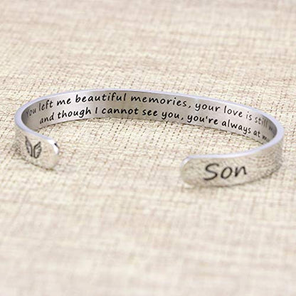 Memorial Gifts for Loss of Mom Dad In Memory of Jewelry Sympathy Bracelet | Bereavement Cuff Secret Message Engraved Grief Gifts for Women - style: Son Memorial Gift- You left me beautiful memories