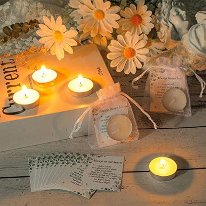 50 Set Funeral Party Favors Memorial White Candles Unscented Funeral Gifts Tealight Candles with Condolence Bereavement Cards and Organza Bags for Guest Celebration of Life Decorations (Artsy) - style: Artsy