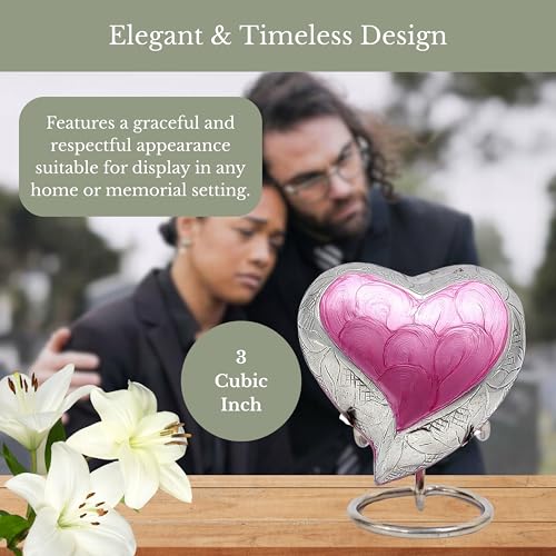 NORSE'S TRADECRAFT Heart Mini Urn for Ashes Adult Male, Female, 3 cu in | Memorial Gifts with Velvet Box & Stand, Handcrafted Cremation Urns for Human Ashes, Pets, Pink Heart with Floral Border