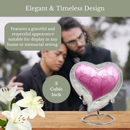 NORSE'S TRADECRAFT Heart Mini Urn for Ashes Adult Male, Female, 3 cu in | Memorial Gifts with Velvet Box & Stand, Handcrafted Cremation Urns for Human Ashes, Pets, Pink Heart with Floral Border