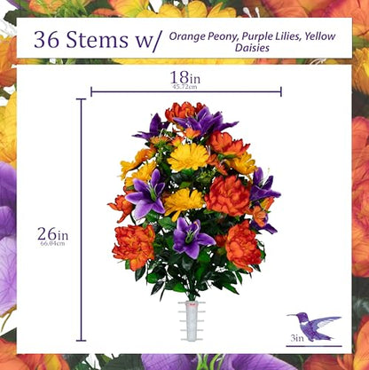 Artificial Cemetery Flowers - Gravesite Flowers - Orange Peonies, Purple Lilies, and Yellow Daisies - size: Bouquet