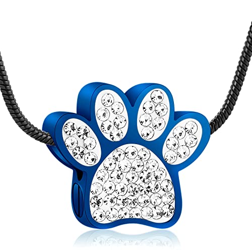 Paw Print Urn Necklace for Ashes Pet Paw Cremation Jewelry Ashes Necklace Keepsake Memorial Jewelry for Pet/Dog's/Cat's Ashes Pendant Gifts for Men/Women - color: Crystal-Blue