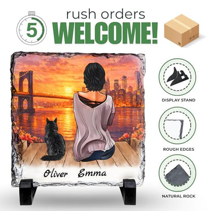 Personalized Photo Rock Slate Frame - Custom Stone Plaque Picture Frame - Cat Gift for Women - Cat Lover Gifts for Women - Birthday, Christmas, Mother’s Day - 1 Cat Mom Gifts for Mom - color: Mom-1Cat-Slate