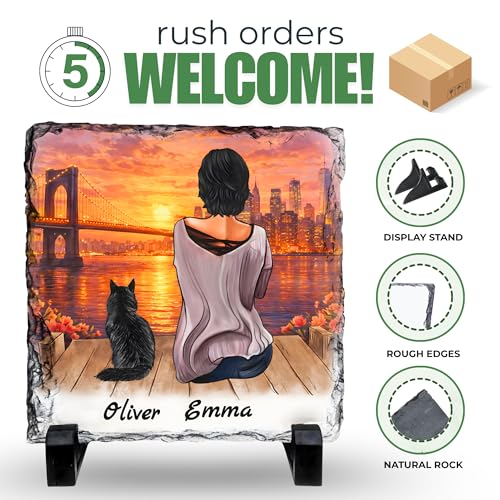 Personalized Photo Rock Slate Frame - 1 Cat Mom - Square Shape | Custom Stone Plaque Picture Frame, Cat Gift for Women, Cat Lover Gifts for Women, Birthday, Christmas, Mother’s Day - color: Mom-1Cat-Slate