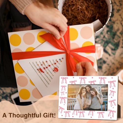 Pink Bow Picture Frame, Birthday Gifts for Sisters Girl Mom Friends Women, Wooden Picture Frame Fits 4x6 Inch Photo, Home Office Desktop Nightstand Display -071 - color: Pink Bow