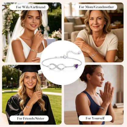CDE 925 Sterling Silver Infinity Birthstone Bracelet Jewelry Gift for Women | Hypoallergenic,Non Tarnish,Heart CZ,Nickel-Free & Lead-Free,Anniversary Christmas Birthday Idea Gifts for Wife Girlfriend Her - color: 02-Feb