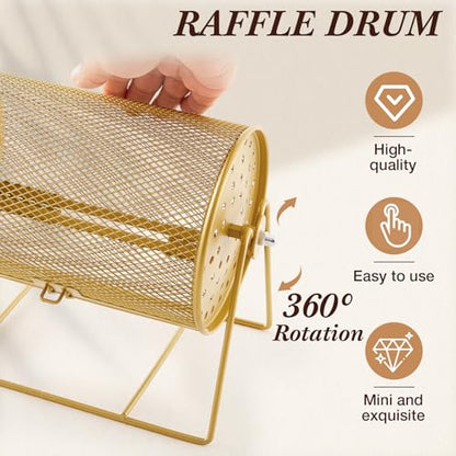 Teenyyou Raffle Drum Holds 600 Tickets, Metal Ticket Wheel Spinner with Stand, Raffle Tickets Cage for Games Events, Parties, School Drawings(Integrated Rotary,Gold,7.09" X 4.72", Small) - color: Gold, size: 7.09" X 4.72", Small, style: Integrated Rotary