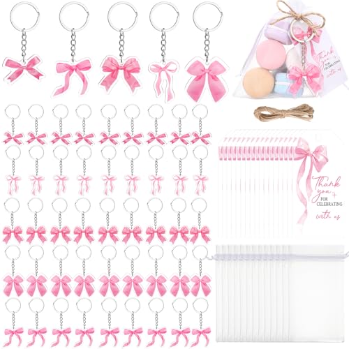 Equsion 50 Sets Pink Bow Themed Party Favors Acrylic Coquette Keychain with White Organza Bags and Thank You Tags for Girls Birthday Baby Shower Bridal Shower Bachelorette Party Supplies - style: Pink Bow