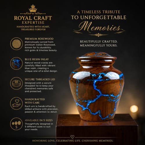 Small Cremation Urn for Human Ashes Adult - Keepsake Memorial & Funeral Urn for Mom, Dad | Premium Mini Rosewood Urn - Blue Resin Inlay | Sharing Urn for Men & Women, Pet Urn for Dog & cat - 20 CU/in - size: SMALL 20 Cu