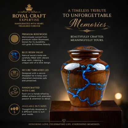 Small Cremation Urn for Human Ashes Adult - Keepsake Memorial & Funeral Urn for Mom, Dad | Premium Mini Rosewood Urn - Blue Resin Inlay | Sharing Urn for Men & Women, Pet Urn for Dog & cat - 20 CU/in - size: SMALL 20 Cu
