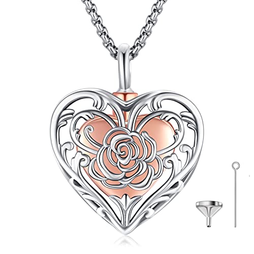 Eusense Cremation Jewelry for Ashes Urn Necklace to Put Ashes In 925 Sterling Silver Memorial Pendant Heart Urn Necklaces for Ashes Necklace for Women Men - style: A-Heart Urn Necklace-Rose