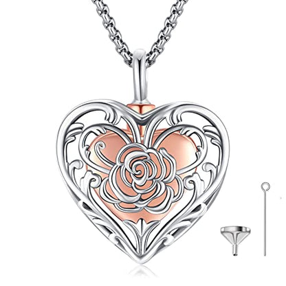Eusense Cremation Jewelry for Ashes Urn Necklace to Put Ashes In 925 Sterling Silver Memorial Pendant Heart Urn Necklaces for Ashes Necklace for Women Men - style: A-Heart Urn Necklace-Rose