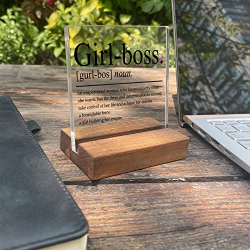 Inspirational Quotes Home Office Desk Decor, Motivational Minimalist Decor Art Acrylic Plaque With Wooden Stand Sign Funny Home Office Desk Sign Gift for Women Colleague Friend Cowoker - style: Girl boss-1