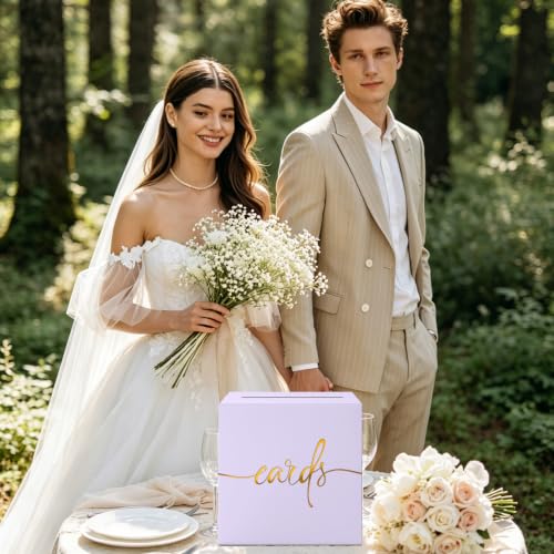Light Purple Card Box with Gold Foil Design, Paperboard 8.7" Gift Card Holder for Wedding Graduation Birthday Party Reception Retirement Anniversary Bridal & Baby Shower - color: Light Purple Card Box with Gold Foil, size: 8.7×8.7×8.7Inch(1 Pack)