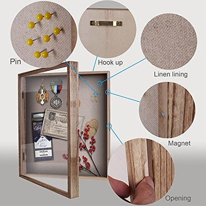 Shadow Box 13x16 Large Display Case with Linen Back and 8 Stick Pins, Solid Wood Memory Box Frame with Magnetic Door for Photos, Medals, Tickets, Wedding Bouquet and Memorabilia