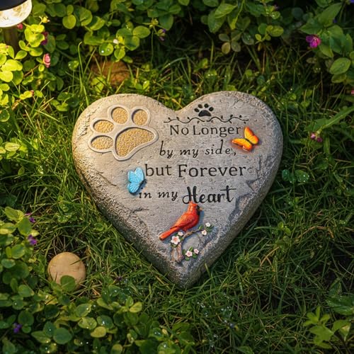 Pet Memorial Stone for Cats Dog Remembrance Gift with Paw Print | Pet Grave Markers Heart-Shaped Resin Dog Loss Sympathy Gift 6 inch with Cardinal and Butterfly
