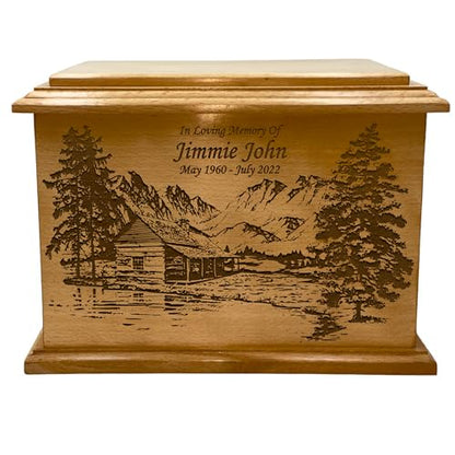 Wooden Urn for Human Ashes, Large Funeral Cremation Urn with Personlaization and Multiple Designs (Valley Cabin)