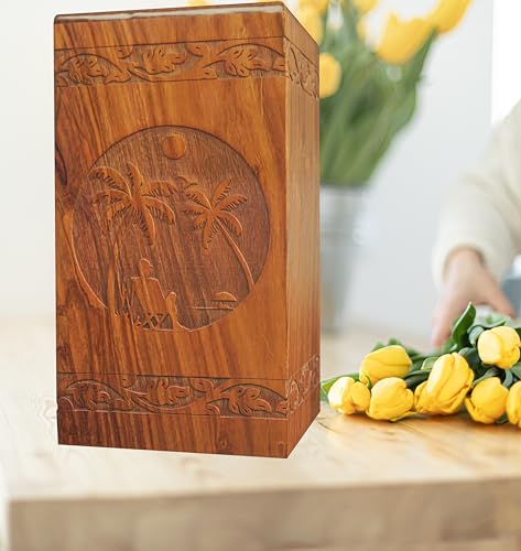 ZIYA Wooden Cremation Urn for Human Ashes, Decorative Beach Funeral Urns for Adult Male Female, Memorial Burial Adult Ashes Urn Box For Men or Women (XL) 250lbs With Black Satin Velvet Bag