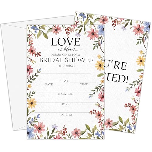 Love in Bloom Bridal Shower Invitations | Spring Wildflowers Floral Bridal Shower Invites, 4x6 Set of 25 Wedding Invitations with Envelopes-A01 - style: love in bloom