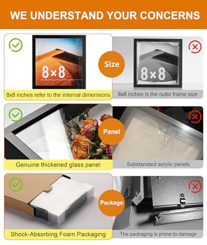 8x8 Shadow Box Frame with Ultra-Clear Glass & Soft Linen Back - color: Black+high Definition Panel + Shatter-proof Packaging, size: 8x8