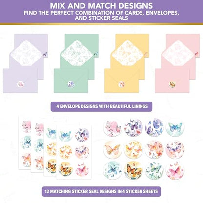 Decorably 24 Pack 6x4in Enchanting Glittery Butterfly Blank Cards | Envelopes & Stickers, 12 Enchanting Butterfly Designs for Family & Friends, Blank Inside - Birthdays, Weddings, Gifting