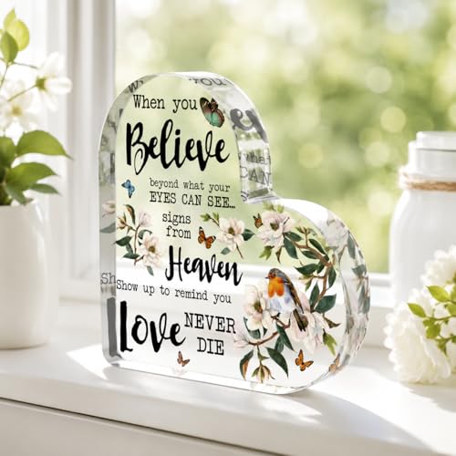Smile Memorial Acrylic Tabletop Plaque, Heart Shaped Heaven Signs Love Never Dies Themed Decorative Sign with Magnolia Bird Butterfly Elements for Home Decor and Sympathy Gift - style: Memorial