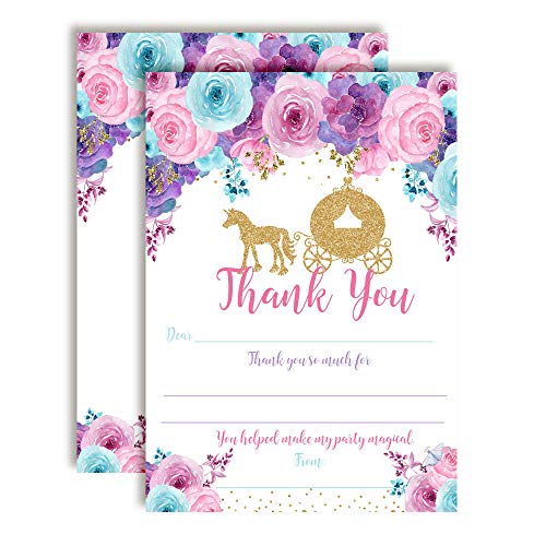Royal Celebration Princess Carriage Theme Girls Birthday Thank You Cards, 10 Fill-In 4x5.5 Cards with White Envelopes, Gold Glitter Fairytale Party Design, Made in USA by Amanda Creation - style: Royal Celebration Gold Glitter Princess Carriage