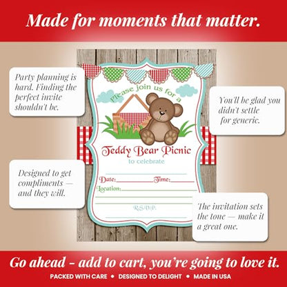 Teddy Bear Picnic Birthday Party Invitations, 20 5x7 Fill In Cards with Twenty White Envelopes by AmandaCreation - style: Teddy Bear Picnic