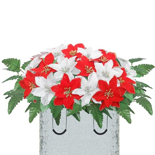 Lodou Christmas Cemetery Flowers Saddle for Graves,Cemetery Memorial Flowers for Outdoor Gravesite Tombstone Decorations,Red Poinsettia Headstone Flower Saddle (Red Silver)