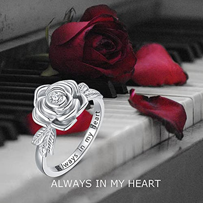 925 Sterling Silver Rose Flower Cremation Urn Ring Holds Loved Ones Ashes Cremation Keepsake Ring Jewelry Embellished with Crystals from Austria - color: Silver-Always in my heart