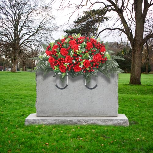 Christmas Artificial Cemetery Flowers,Artificial Cemetery Flowers Saddle for Outdoor Gravesite Tombstone Decorations,Roses and Artificial Red Berries Stems Ornaments