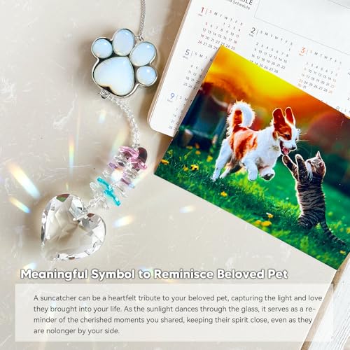 Dog Memorial Gifts, Pet Memorial Suncatcher, Loss of Dog Sympathy Gift | Thoughtful Dogs and Cats Bereavement Remembrance Gifts, Natural Cat's Eye Stone Paw Crystal Suncatcher - color: Moonstone