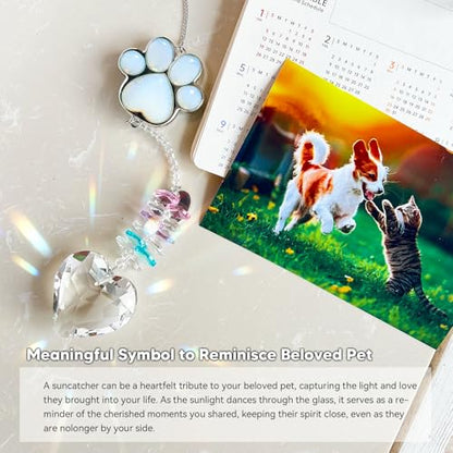 Dog Memorial Gifts, Pet Memorial Suncatcher, Loss of Dog Sympathy Gift | Thoughtful Dogs and Cats Bereavement Remembrance Gifts, Natural Cat's Eye Stone Paw Crystal Suncatcher - color: Moonstone