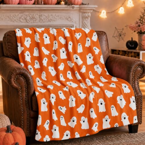 Halloween Blanket Cute Ghost Throw Blankets Gifts for Women Men 50"X60" - color: Orange Ghost