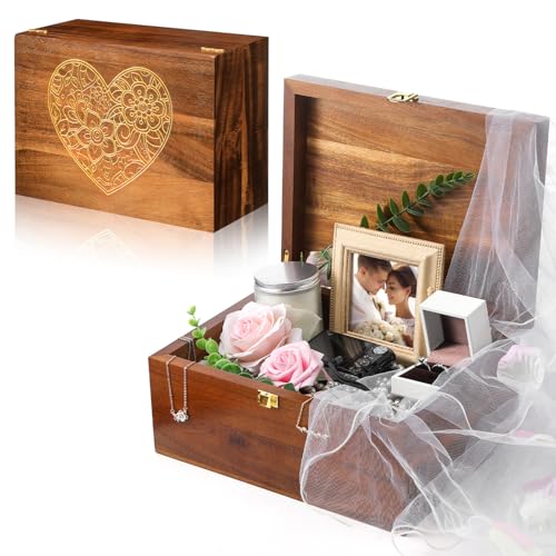 Threehoney Large Wooden Wedding Keepsake Box with Lid,Heart | 12 x 9 x 5.5 Inch Memory Storage, Engagement Gift for Couples Newlyweds, Bridal Shower Organizer, Photo Jewelry Holder - style: Heart