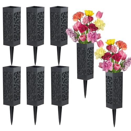 Cemetery Vases with Foam, Plastic Flower Holder with Spikes Gravestone Headstone Flower Vase for Artificial Flowers, Grave Cemetery Decoration (Set of 8, Black), Flowers not Included