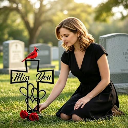 2 Pcs Metal Cemetery Memorial Plaque for Remembrance,Metal Cemetery Plaque with Cross & "Miss You" Heart,Cardinals Memorial Grave Markers,Outdoor Ground Stake for Cemetery, Garden,Memorial Tribute 6x12 Inch