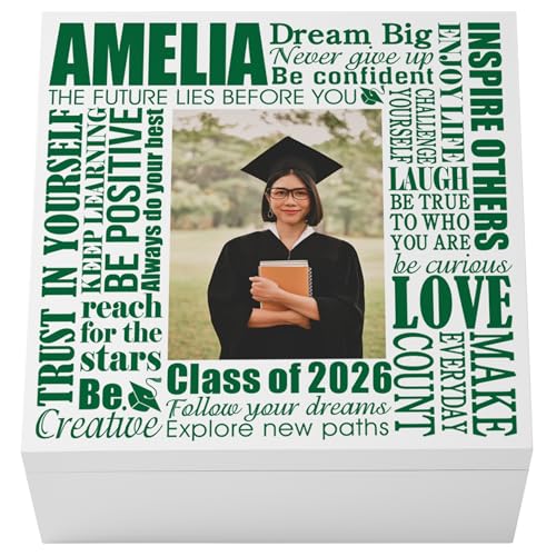 Let's Make Memories Personalized Keepsake Box - For Graduation - Photo - Class of 2026 or Any Year - Graduate Memento Box - Customized for Any Grad and School - 6" Hx12 Sq - Dream Big Photo - Green - color: Green - Dream Big Photo